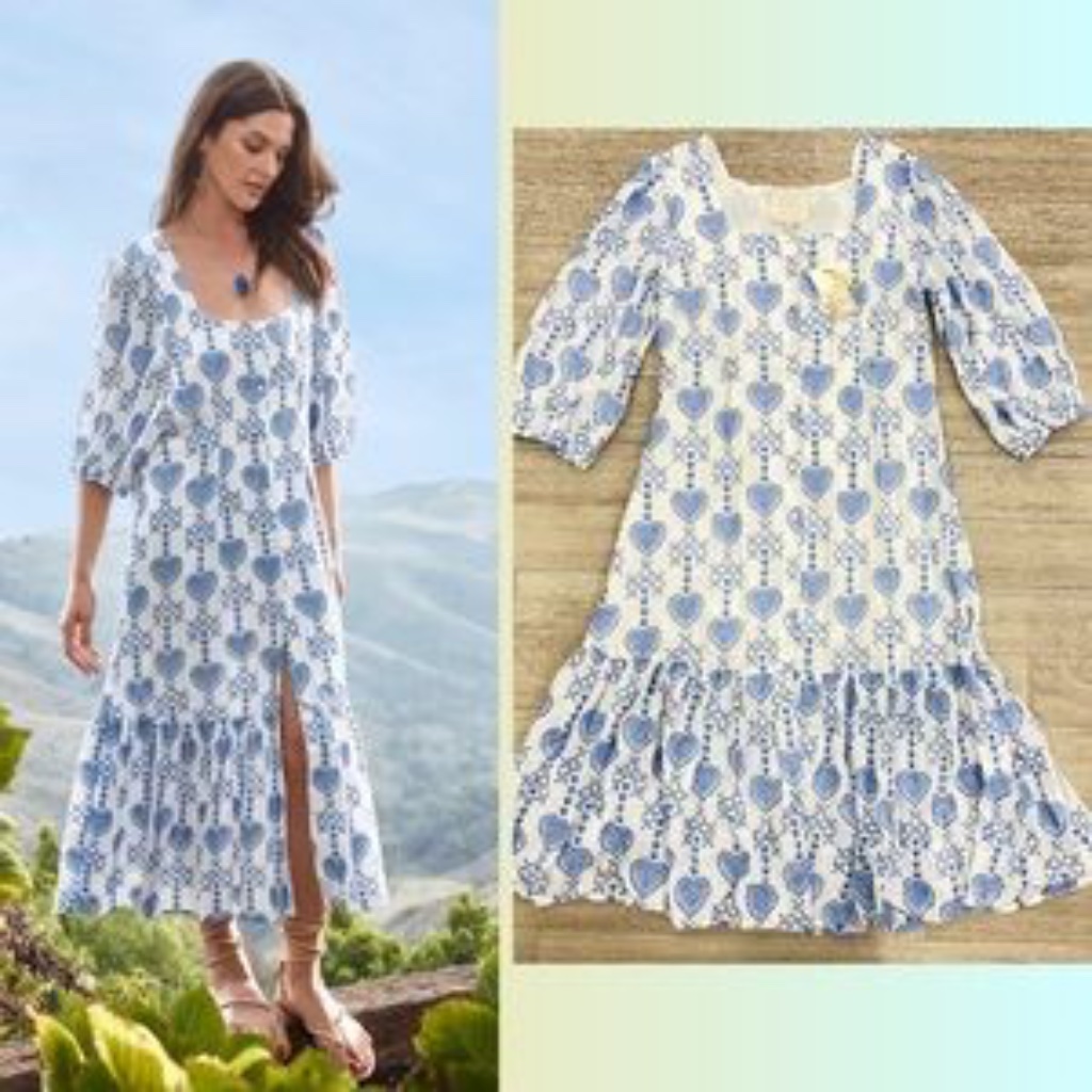 Johnny Was Beau Blue And White Tiered Midi Dress Sz Medium Nwt $515r